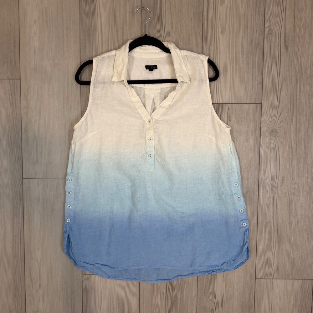 Talbots Blue White Ombre Linen Sleeveless Tunic Top Button Side Large
